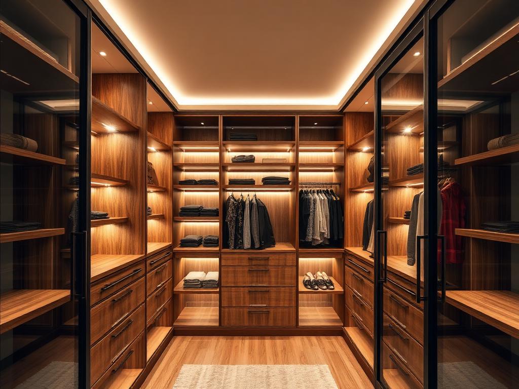 Closet planejado com prateleiras iluminadas e portas de vidro
