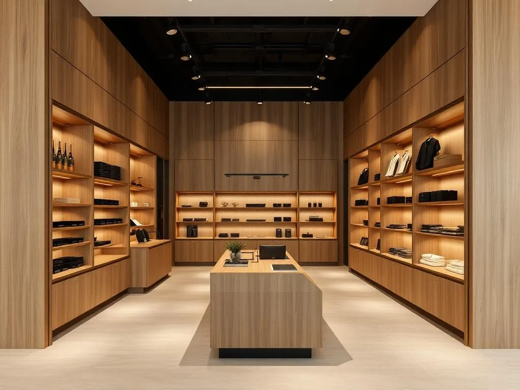 Interior comercial com marcenaria planejada em madeira