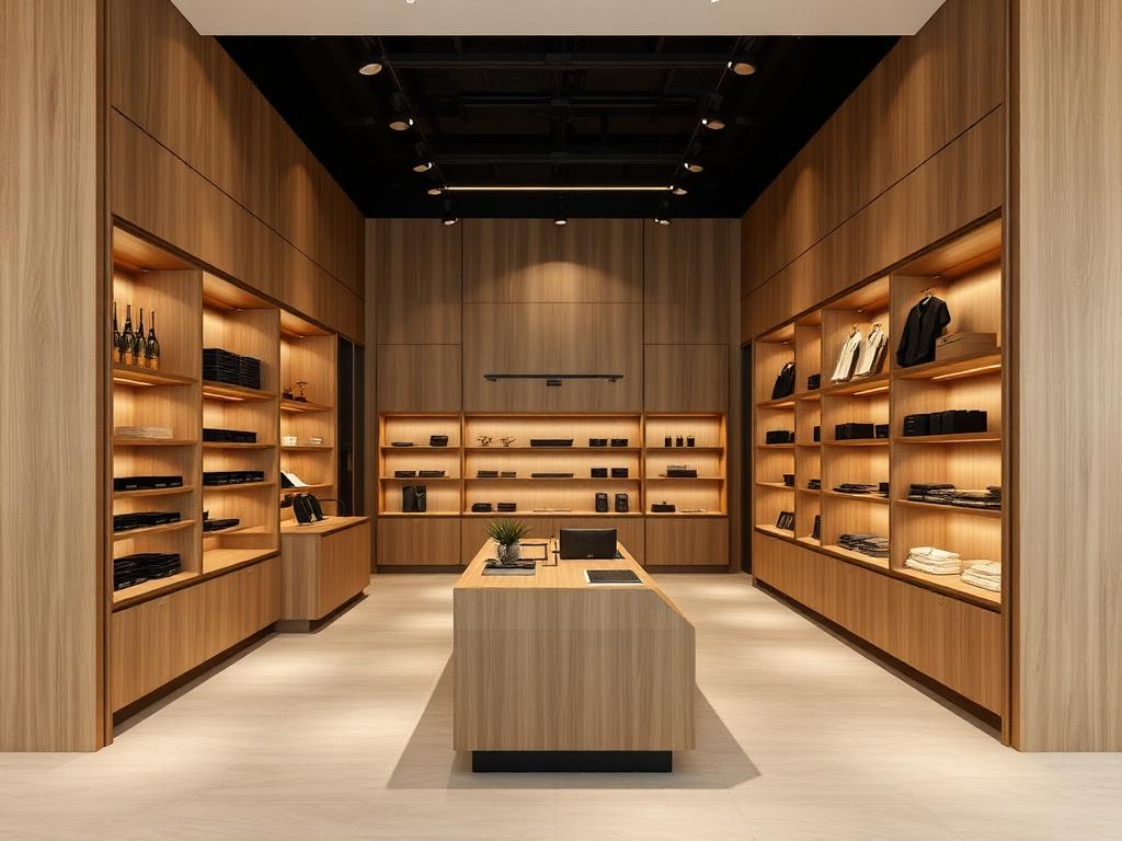 Interior comercial com marcenaria planejada em madeira