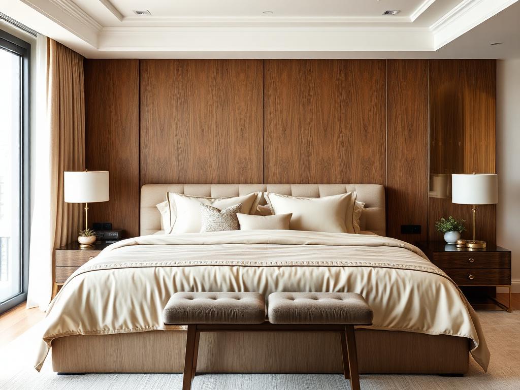 Quarto planejado com painel de madeira atrás da cama